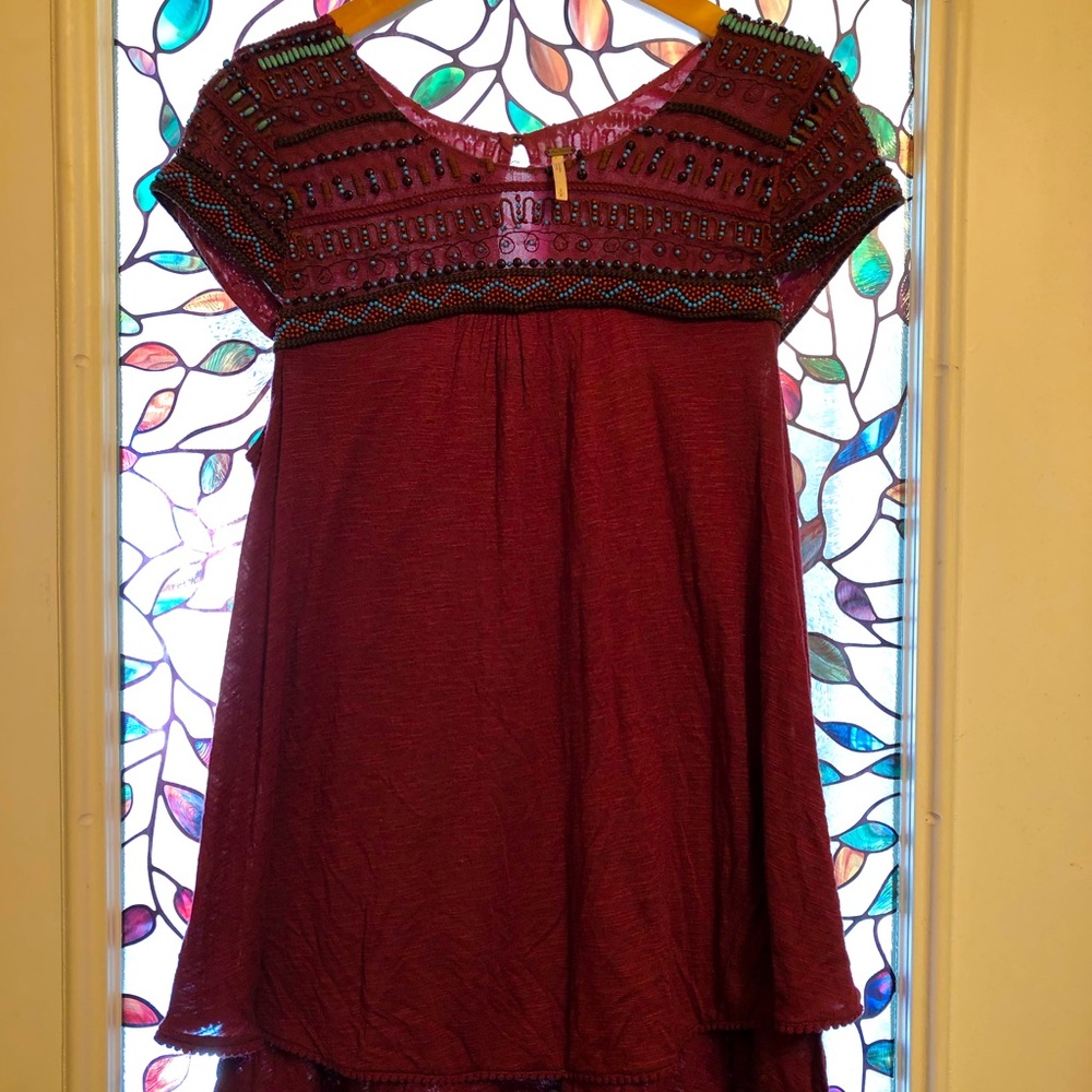 FREE PEOPLE  beaded layered maroon top